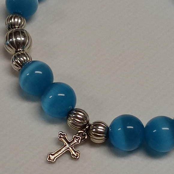 Royal Blue Cats Eye Cross Bracelet & Earring Set - Picture 2 of 2